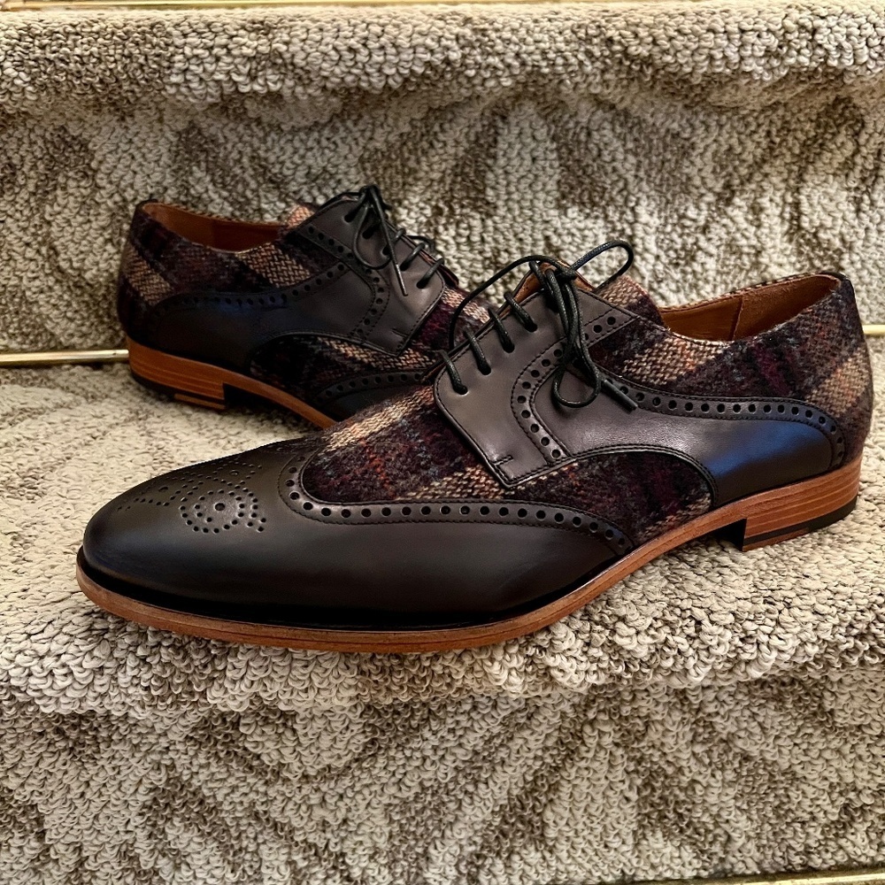 Taft Wallace Lace Up Brogue Wingtip Oxford Shoes Black & Brown Plaid Sz 46 or 13